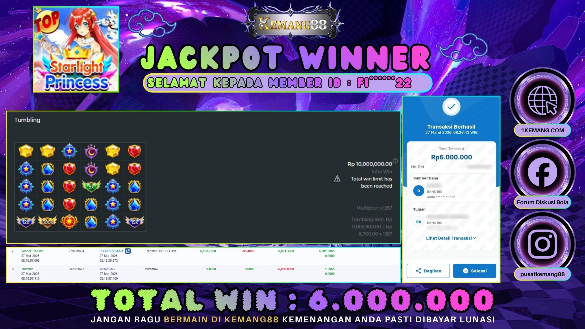 KEMANG88 [27 Maret 2026] : JACKPOT SLOT : STARLIGHT PRINCESS [PP] Rp. 6.000.000.,- LUNAS [2]